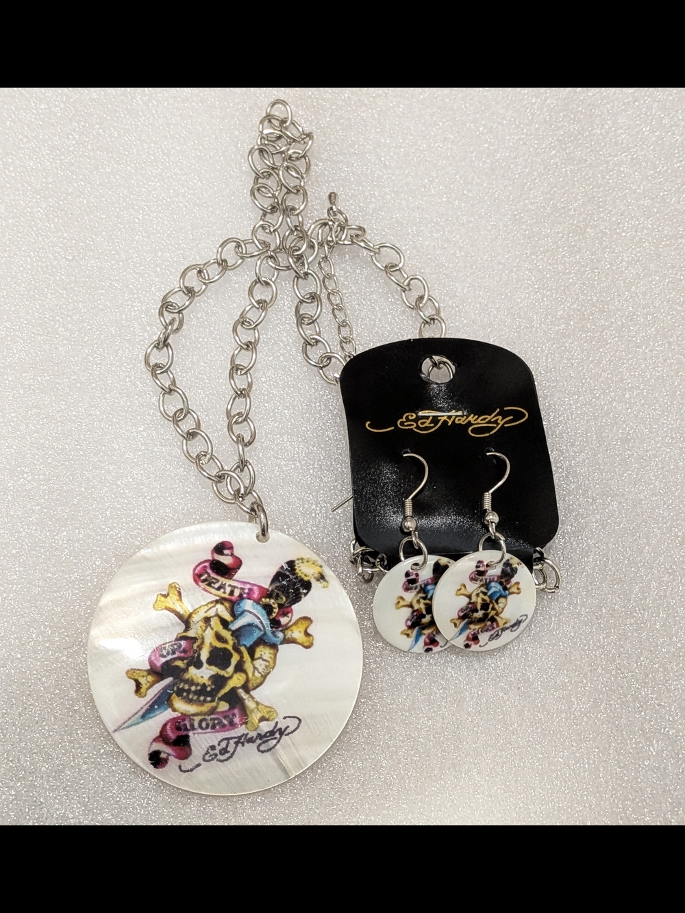 White Mother-of-Pearl Skull & Dagger Pendant Necklace - Colorful Accents